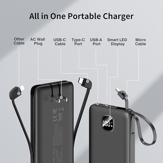 Portable Charger with Built-in Cables&AC Wall Plug,Slim 10000mAh 22.5W Fast Charging Power Bank,5 Output 2 Input USB-C External Battery Pack Compatible with iPhones,Samsung,Android, etc