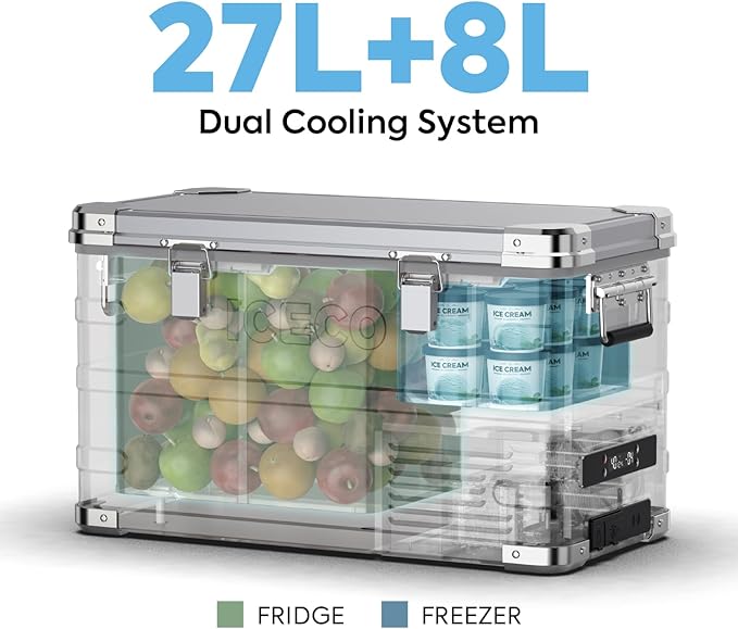 ICECO APL35 12V Refrigerator, 37Qt Dual Zone Portable Refrigerator Freezer Equipped SECOP Nano Compressor, -4℉-68℉, APP Control, 12/24V DC, Aluminum Fridge for Car, Camping|with Slider