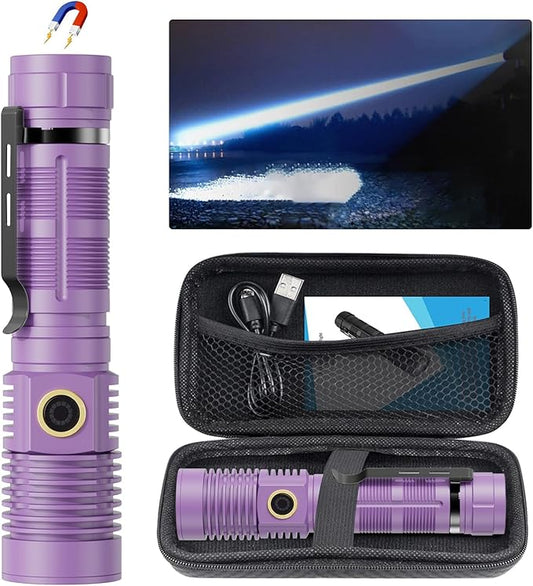 Rechargeable Flashlight High Lumens, High Lumens Super Bright Magnetic Flash Light, Long-Range Zoomable LED Flashlights for Emergency, Waterproof Flashlight Dimmable, Purple,1PC