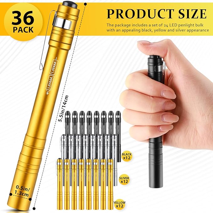 36 Pack Mini Pen Flashlights Bulk LED Pen Lights Aluminum Pocket Flashlights with Clips Small Handheld Torches Gifts for Camping Hiking Emergency Outdoor (Multicolor)