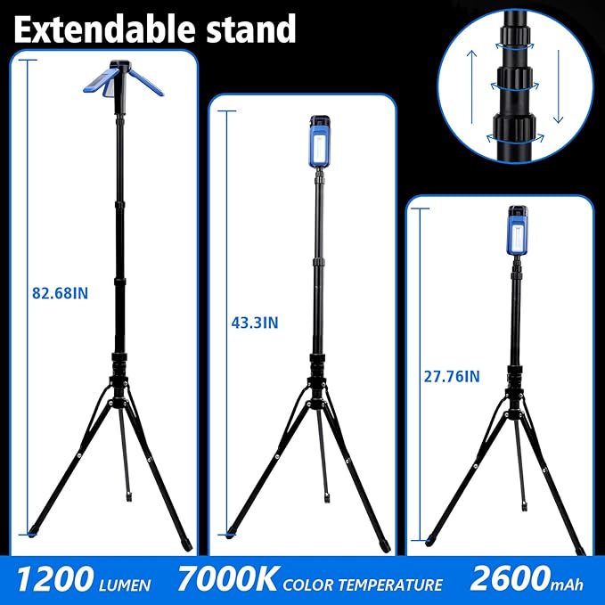Camping Light Stand with Telescoping Pole - Rechargeable Solar Tent Lamp, Portable Cordless Camping Tent Light with 3 LED Heads, 5 Modes, 82" Tripod