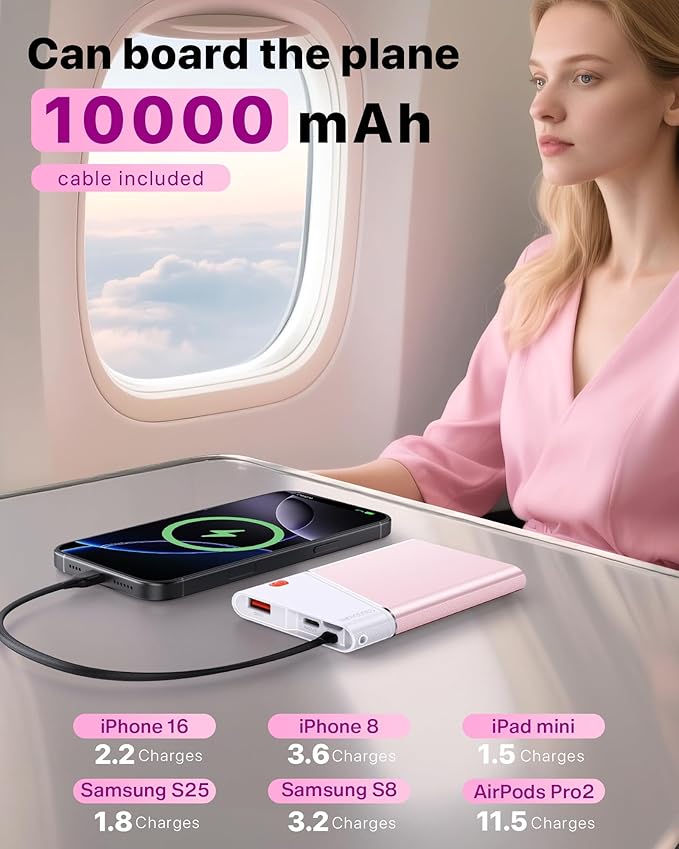 Portable Charger Power Bank, 10000mAh 22.5W PD Super Fast Charging Powerbank with Built-in USB C in&Out Cable, Slim External Phone Battery Pack for iPhone 17/16/15 iPad Samsung S24 Android etc