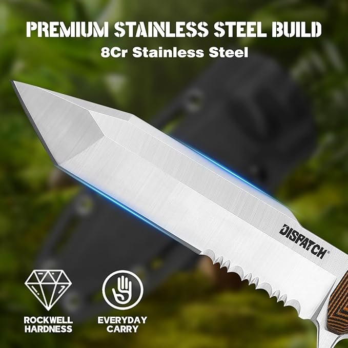 Dispatch Full Tang Fixed Blade Knife with Kydex Sheath, 4.72" 8cr13mov Steel Tanto Serrated Blade Tactical Survival Knife, G10 Handle for Outdoor Camping Hunting Hiking knives