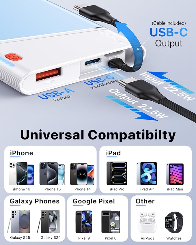 Portable Charger Power Bank, 10000mAh 22.5W PD Super Fast Charging Powerbank with Built-in USB C in&Out Cable, Slim External Phone Battery Pack for iPhone 17/16/15 iPad Samsung S24 Android etc