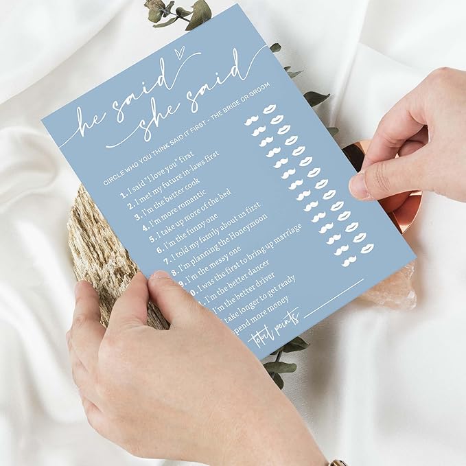 Bridal Shower Games Cards, Guest Who Said It, He Said She Said Game Cards, Bridal Shower Games 25 Guests, Engagement Party Wedding Games for Guests, Minimalist Blue Wedding Party Supplies - B07