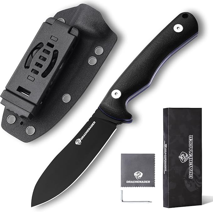 SHADOW 8.11" Fixed Blade Hunting Knife, D2 Steel Blade Survival Knife with Kydex Sheath Horizontal Carry for Men, Outdoor, Skinning and Camping (Black)