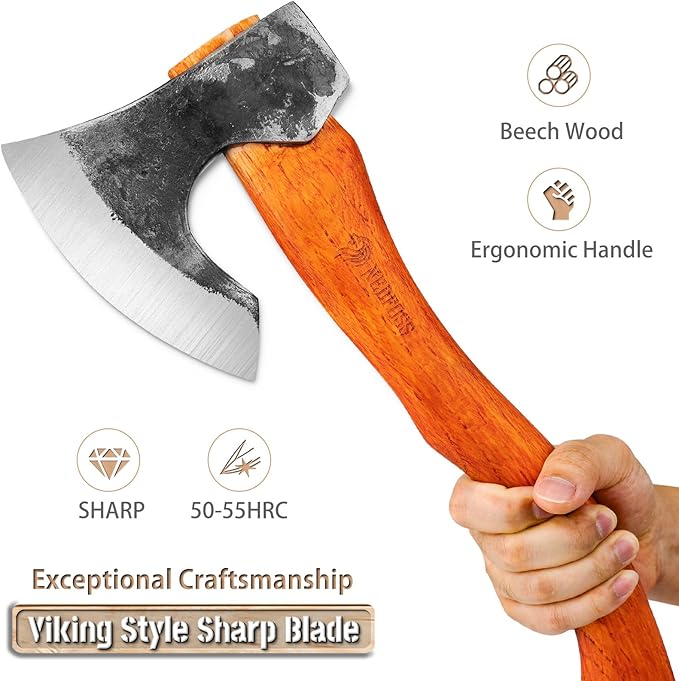 NEDFOSS Camping Hatchet Axe, Wooden Handle Bushcraft Axe with Sheath, Viking Axe with Steel Wedge, Hand Forged Hatchets for Camping and Survival, Gift for Men??(MMA-16)