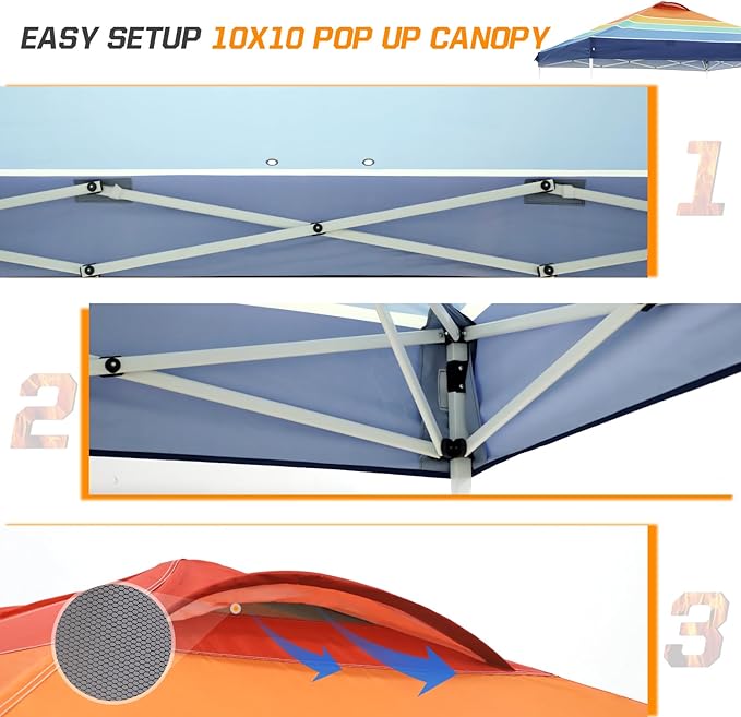EAGLE PEAK Pop Up Canopy Tent with Wheeled Carry Bag, 8 Stakes, 4 Ropes, 4 Weight Bags, Easy Set Up Tent Canopy, 10x10 ft, 100sqft of Shade, Retro Stripe Multi