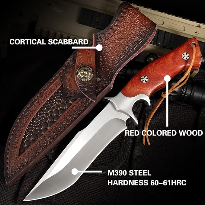 M390 Steel Handmade Hunting Knife, Fixed Blade Full-Tang with Leather Sheath, Red Wood Non-Slip Handle - Survival, Tactical, Camping knives