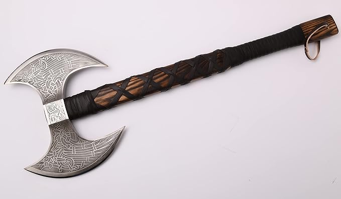 VikingsBrand Handmade Viking Axe Real, Battle Axe, Norse Axe Head Made of 1095 Carbon Steel, Viking Bearded Camping Axe (Odin's Double Head)