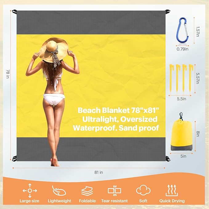 EASYFUN Beach Blanket Sandproof Oversized, 79''×83'' Extra Large Beach Mat, Portable Picnic Mat for Travel Camping Hiking, Lightweight Beach Essentials Family Water Resistant Mat Nylon 210T