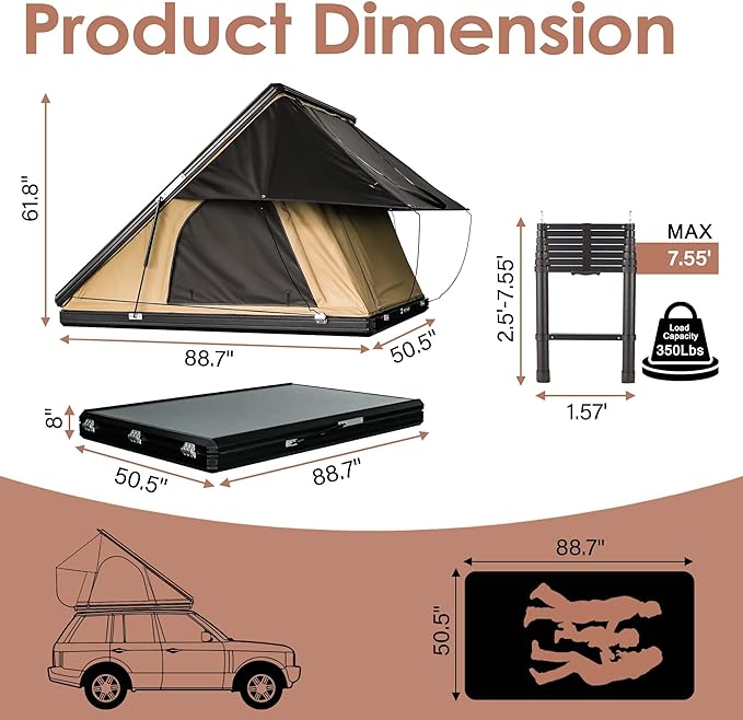 Hardshell Rooftop Tent, Roof Top Tent for 2-3, with Aluminium Ladder, Skyview Window, Mattress, LED Light, Blackout-Coated for UV Protection, Waterproof, for Truck, Jeep, SUV, Van