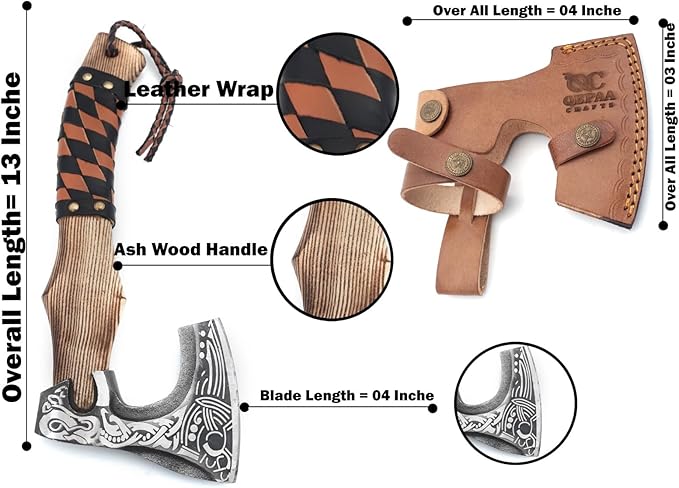 13??Inch Valhalla Axe ??Carbon Steel Viking Axe Head with Engraved Handle, Hatchet Axe with Genuine Leather Sheath and Wrap, Camping Axe, Throwing Axe -Viking Gift for Men