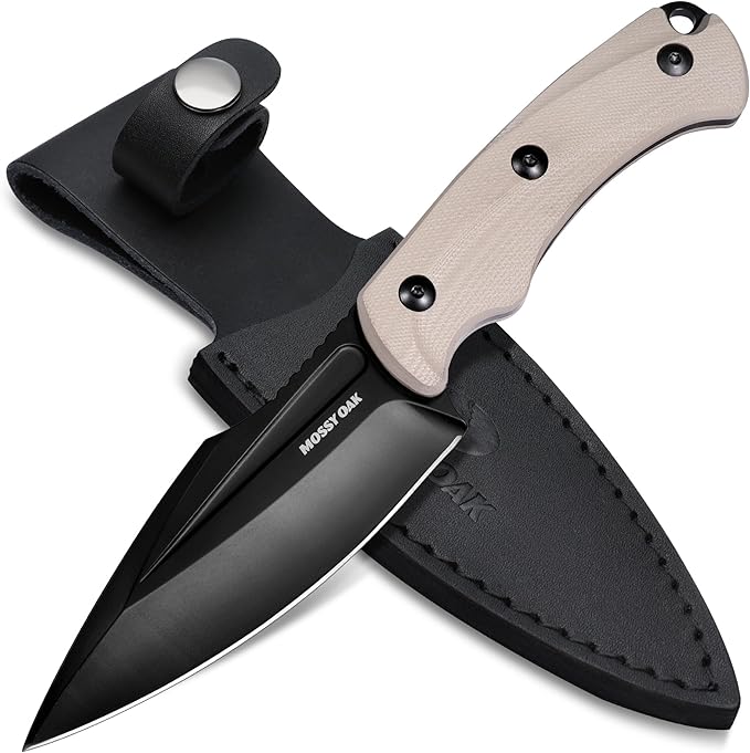 Mossy Oak Survival Hunting Knife with Sheath, 8.5-inch Full-tang Fixed Blade Knife, Outdoor Knives for Survival, Camping, Hiking (G10 Handle-Desert)