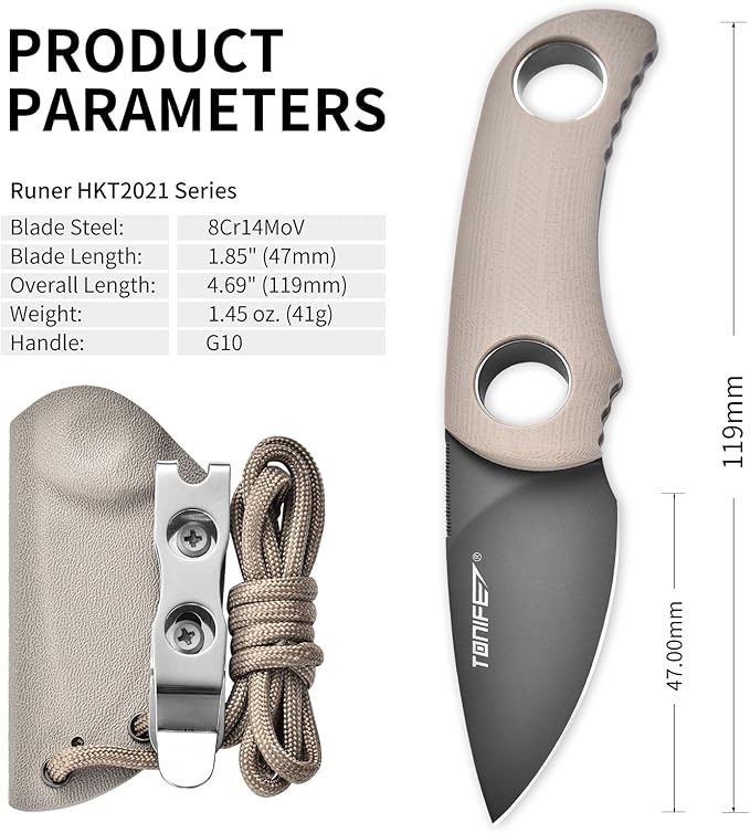 TONIFE Fixed Blade Knife 4.8cm, Mini Neck Knife with Kydex Sheath and Cord, EDC Portable Fixed Knife for Outdoor Survival