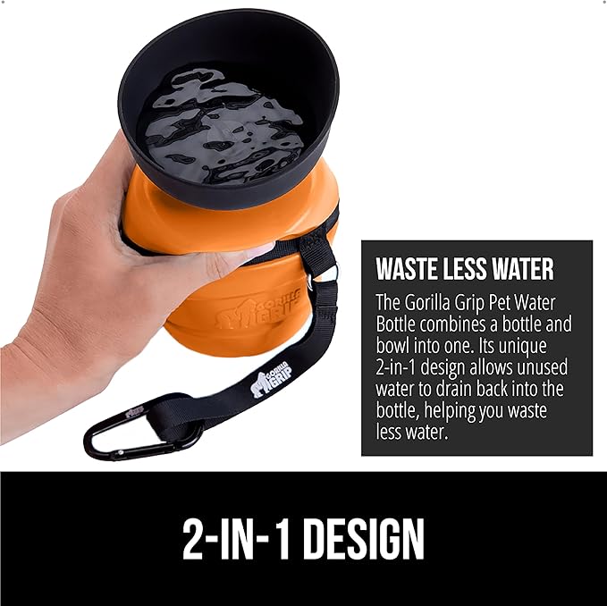 GORILLA GRIP Dog Water Bottle, Portable Water Bowl Dispenser for Dogs, 16 oz Leak Proof Pet Travel Squeeze Bottles, Food Grade Silicone, To Go Puppy Essentials, Hiking Camping Trip Accessories, Orange