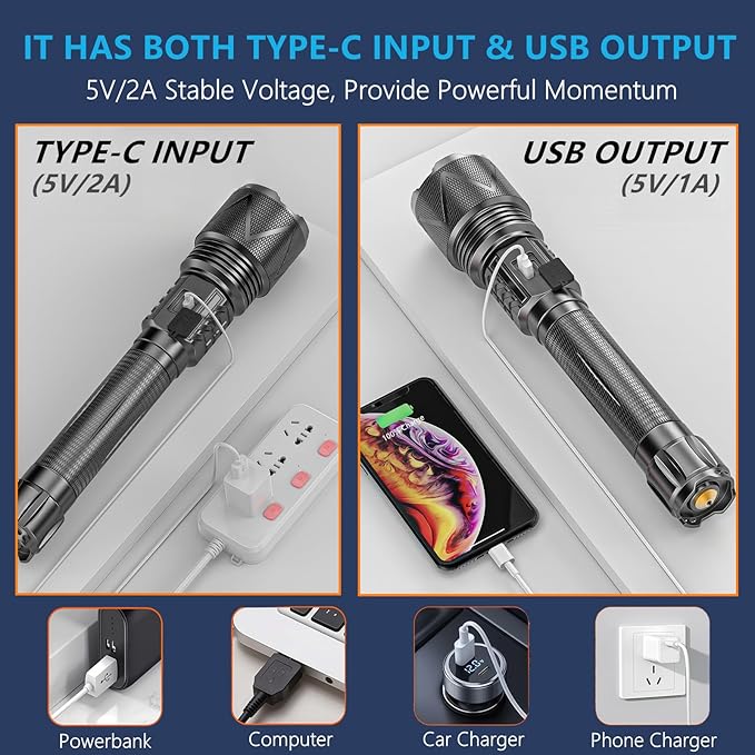 USB-C Rechargeable Tactical Flashlight 10000 High Lumens, XHP360 70W Super Bright LED Flash Lights with Zoomable & 1600ft Beam, Long Lasting Powered Handheld Flashlight for Home, Emergencies, Camping