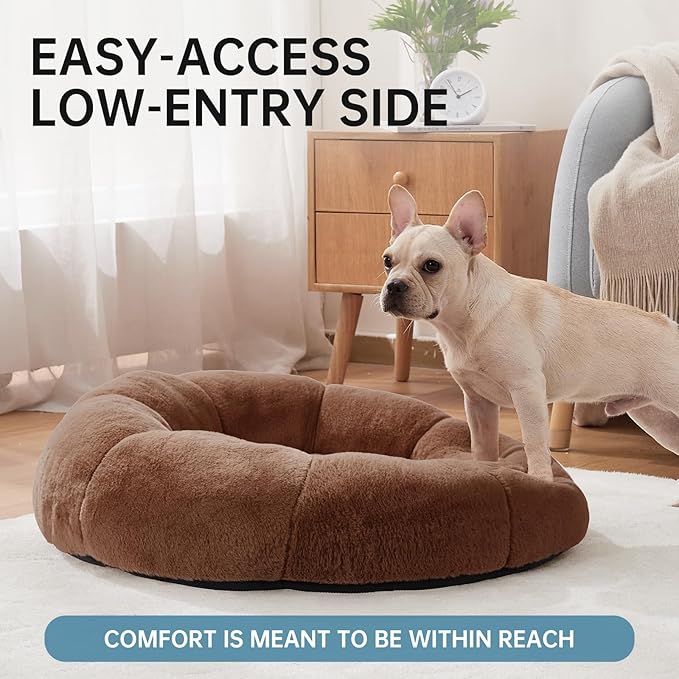 OhGeni 31 inches Calming Donut Orthopedic Dog & Cat Bed for Medium Pets, Warming Comfort Fluffy Short Pile Fur, Durable Waterproof Machine Washable Removable Cover, Cute Round Bed for Puppy, Brown