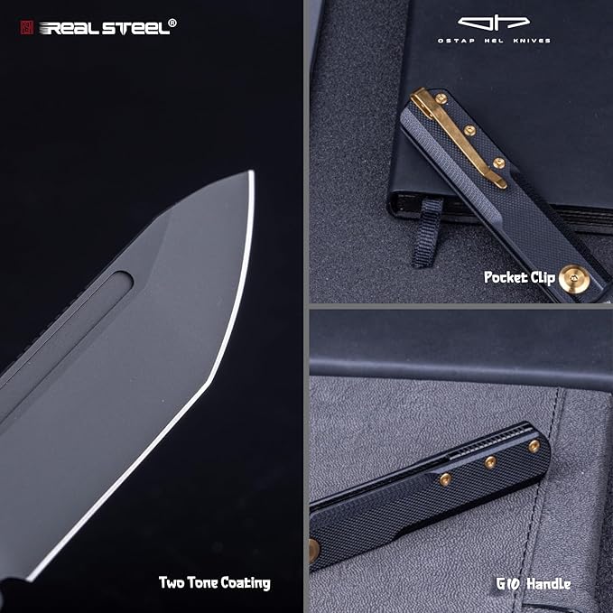 REALSTEEL G-Tanto Pocket Knife,Folding Knives,2.6" Nitro-V Blade,Double Detent Ball Slipjoint EDC,G10 Handle,2.2oz,Clip,Gift for Men Women Outdoor Indoor Daily Use Camping Hiking(Full Black)