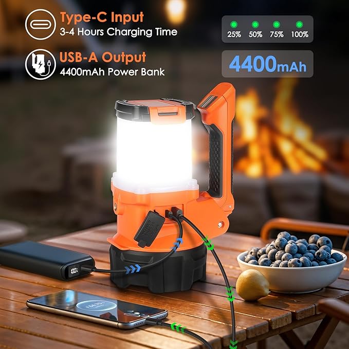Tripod Rechargeable Camping Lantern, 6 Modes LED Flashlight Handheld Spotlight with 4000LM, 4400mAh Power Bank, IPX4 Waterproof Searchlight Work Light for Emergency Hiking Survival Kit - Orange