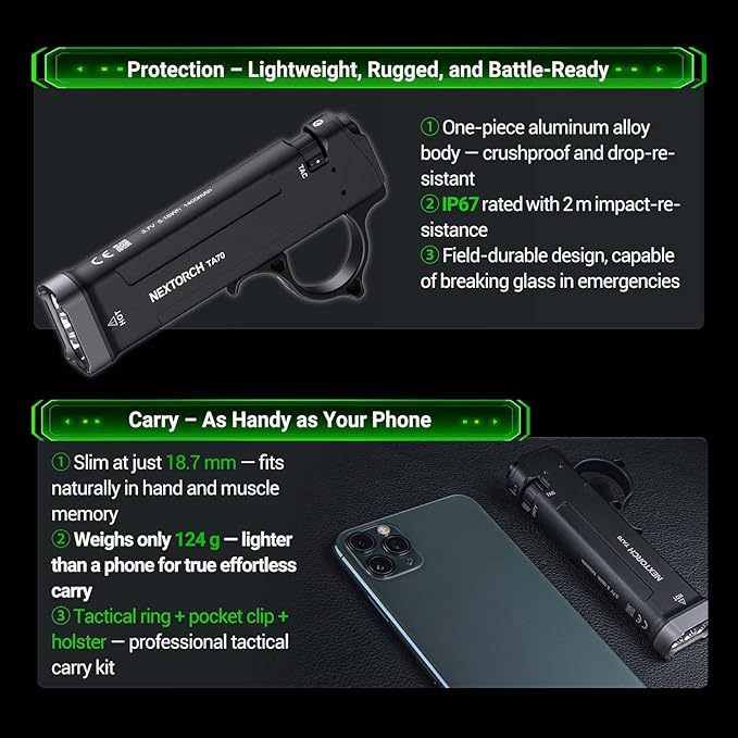 NEXTORCH TA70 EDC Tactical Flashlight,Flat Flashlight Rechargeable,3500 Lumens Tactical/Duty Dual-Switch LED Slim Flashlight with Stainless Clip for Outdoor Daliy Use Emergency