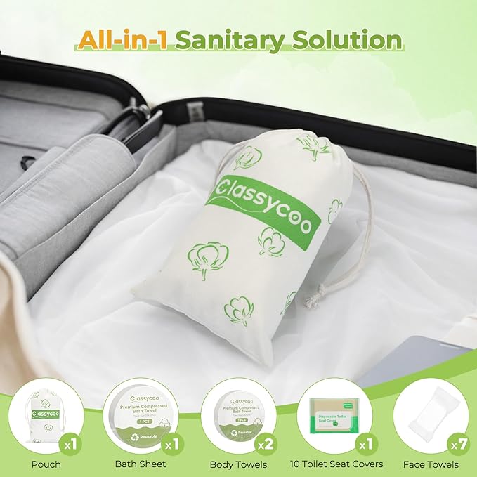 Travel Cleaning Kit for Hotel Disposable Compressed Towel(1 Bath Towelettes+ 2 Cleaning Towels+ 7 Face Cloths+1 Storage Bag+Toilet Seat Cover Papers) Toiletries Hygiene-Set, Portable Vacation Camping
