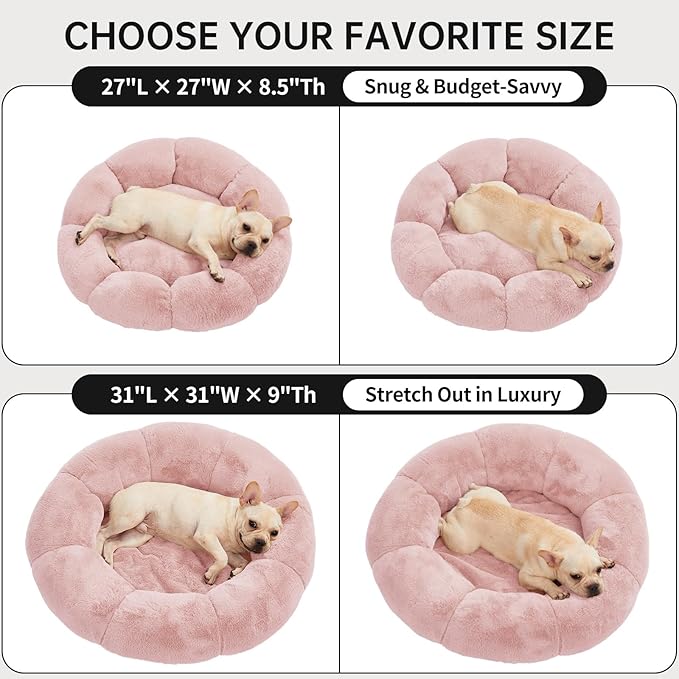 OhGeni 31 inches Calming Donut Orthopedic Dog & Cat Bed for Medium Pets, Warming Comfort Fluffy Short Pile Fur, Durable Waterproof Machine Washable Removable Cover, Cute Round Bed for Puppy, Pink
