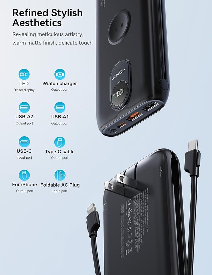 Portable Charger, 10000mAh 22.5W USB C Power Bank Built in Cables, AC Wall Plug and Led Display, External Battery Pack Fast Charging, Travel Essentials for iPhone, Android Cell Phone, Tablet, iWatch