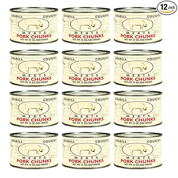Grabill Country Meats Pork Chunks – 13 oz Cans, Pack of 12 | Fully Cooked & Ready to Eat | All-Natural Shelf-Stable Pork for Quick Meals, BBQ, Sandwiches, Camping & Long-Term Emergency Food Storage