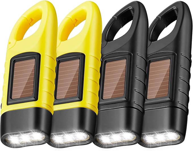 Mudder 4 Pack Hand Crank Solar Powered Flashlight Emergency Rechargeable Led Flashlight Survival Gear Self Powered Charging Torch for Hiking Backpack Camping Safety Emergency Pack(Yellow, Black)