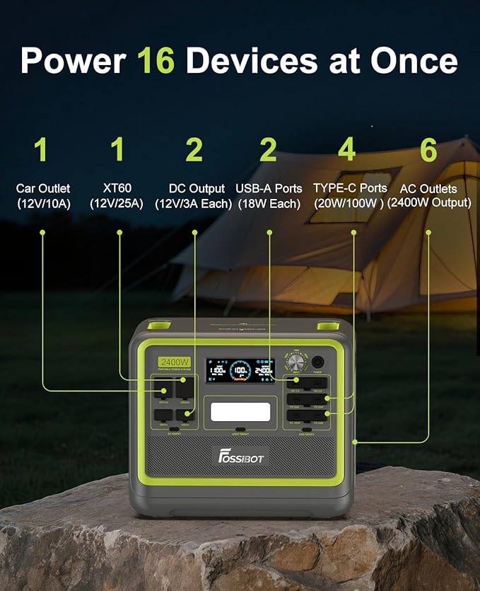 FOSSiBOT F2400 Portable Power Station,upgraded (4800W Peak) generador eléctrico portátil 2048Wh LiFePO4 Battery Solar Generator with 1100W AC,APP Control,1.5H Fast Charging for Home,Camping,RV
