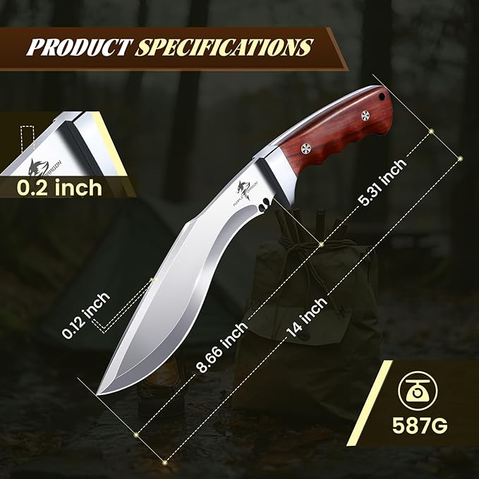 Purple Dragon Kukri Fixed Blade Knife With Sheath, 8 Inch Full Tang Heavy Duty Camping Knives - Gifts for Men