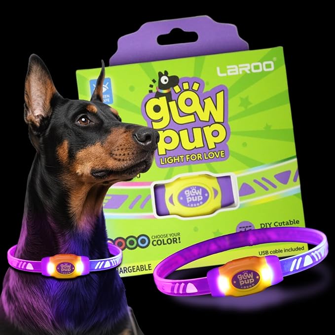 LaRoo LED Light Up Dog Collar, Multi-Color Glowing Safety Pet Collar, USB Rechargeable, Adjustable, Night Walk High Visibility Collar Safety Dog Light for Small Medium Dogs(Purple)
