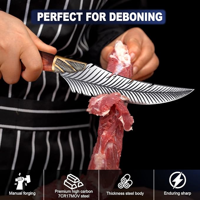 ROCOCO Feather Viking Boning Knife Japanese Forged in Fire Fancy Handmade Butcher Cleaver with Sheath Kitchen Outdoor Camping BBQ Collection Birthday Father Mother Christmas Day Gift 5.9"
