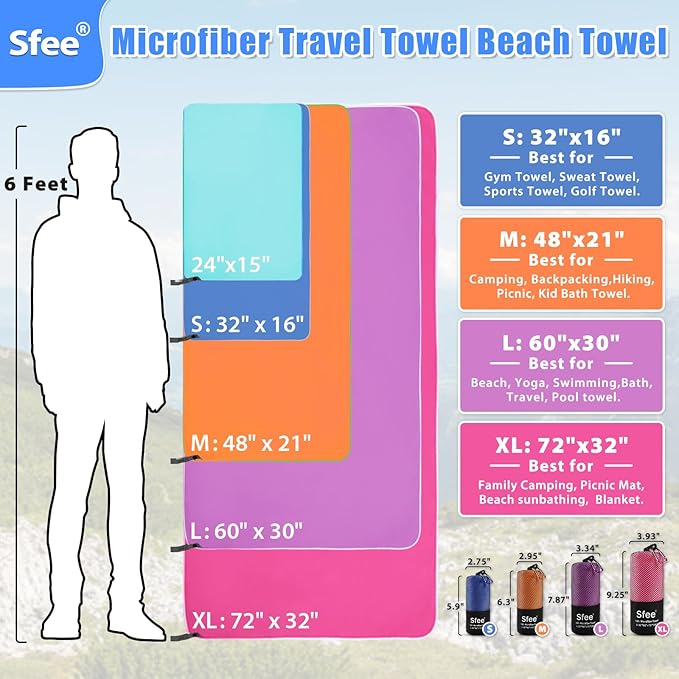 Sfee 2 Pack Microfiber Travel Towel, Quick Dry Towel Camping Towel Super Absorbent Compact Lightweight Sports Swim Gym Towel Beach Towels Set for Gym, Hiking, Pool, Backpacking, Bath, Yoga