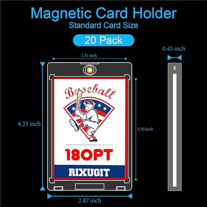 20-Pack Magnetic Card Holder for Trading-Cards - 180PT Clear Trading Card Sleeves, Magnetic Card Case for Baseball Cards, Card Protectors Hard Plastic, Display Case for Game Cards and Sports Cards