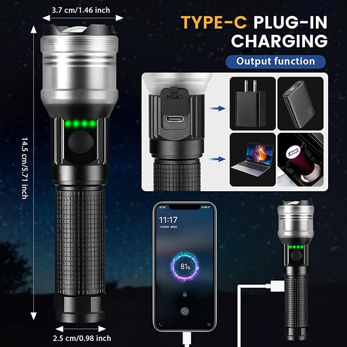 Rechargeable Flashlight 10000 High Lumens, Super Bright Flashlight Compact, Flashlight Rechargeable USB-C Zoomable, 6 Modes Handheld Flashlight Suitable for Home Emergency, Outdoor, Hiking, Camping
