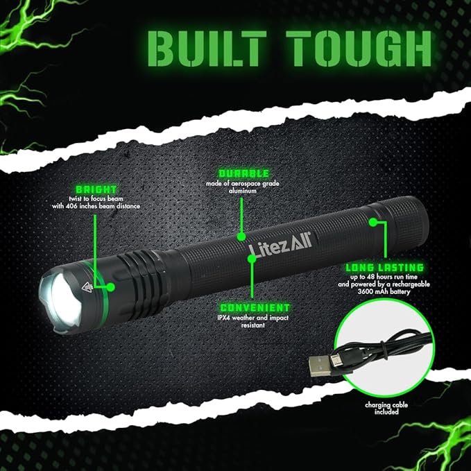 LitezAll Rechargeable 2000 Lumen Tactical Flashlight, Slim High-Power LED Flashlight with Twist-to-Focus Beam, 3 Brightness Levels, USB Charging, 406 Ft Beam Distance ??Compact & Durable