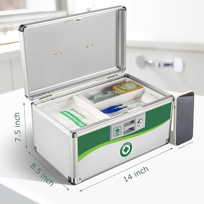 Medicine Lock Box, First Aid Safe Medication Storage Box, Layered Aluminum Daily Medicine Lockable Box with Key 14 * 8.46 * 7.48 Inch (Large)