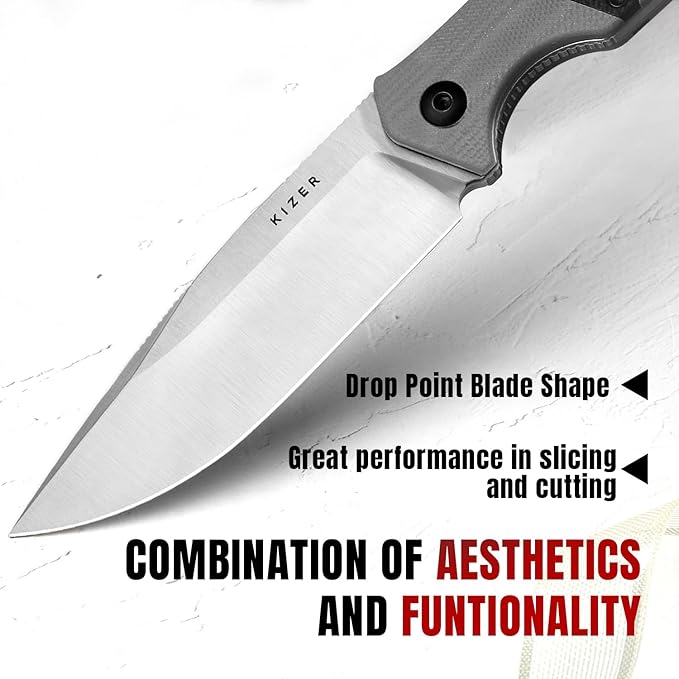 Kizer Militaw Fixed Blade Knife with Sheath, D2 Steel Blade, G10 Handle, EDC for Men & Women, Outdoor, Hunting, Hiking, Survival, 1067M1