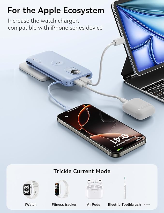 Portable Charger, 10000mAh 22.5W USB C Power Bank Built in Cables, AC Wall Plug and Led Display, External Battery Pack Fast Charging, Travel Essentials for iPhone, Android Cell Phone, Tablet, iWatch