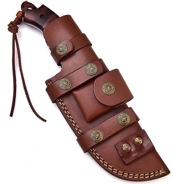 Dessi Tracker Knife: Hand-Forged Damascus Steel Blade - Perfect for Hunting, Camping, Tactical & Survival Use - With Horizontal Carry-Back Leather Sheath for Men SM71