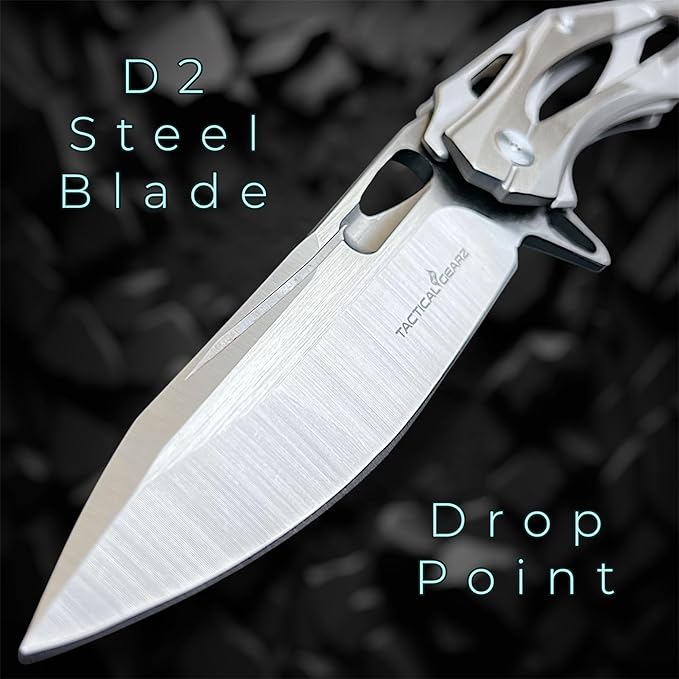 TACTICAL GEARZ Stainless Steel Pocket Knife, Brushed Nickel Stainless Steel Handle, D2 Steel Blade, Includes Sheath (Kronus)