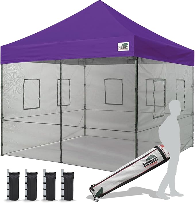 Eurmax USA 10'x10' Pop-up Canopy Tent Commercial Instant Canopies with 4 Removable Zipper End Food Service Wall kit and Roller Bag, Bonus 4 SandBags(Purple)