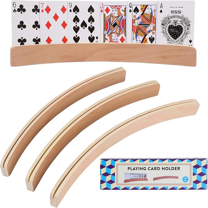 Set of 4 Playing Card Holders - Holds Standard Size Cards - Wooden Curved Playing Card Holder Racks Tray Set for Kids Adults Seniors, Non Slip Wood Card Deck Holders for Strategy Card Games