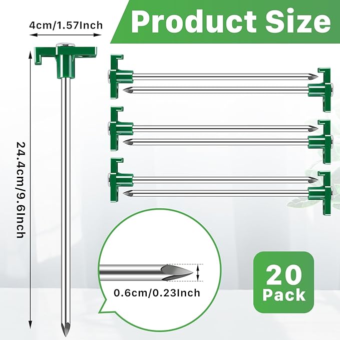 20 Pack Tent Stakes Heavy Duty, 9.6 Inch Camping Stakes, Non-Rust Metal Tent Pegs, Ground Stakes Yard Stakes with Drawstring Bag for Camping Backyards Outdoor Picnic (Green)
