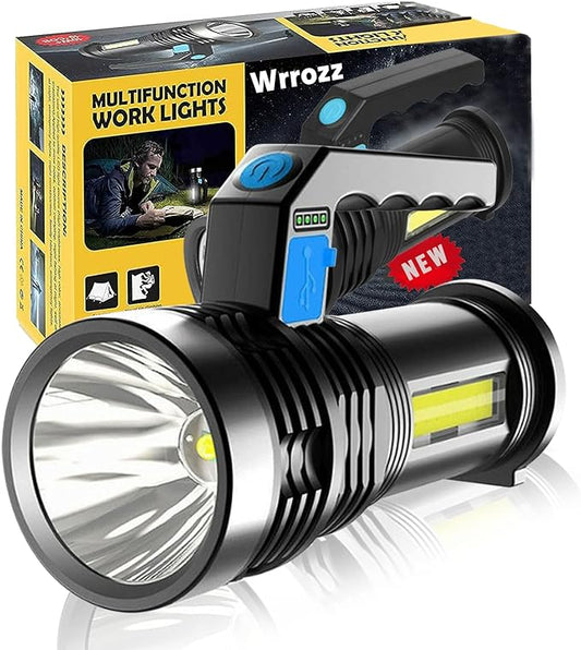 LED Flashlight High Lumens USB Rechargeable Flashlight for Camping, Hiking, Walking, Powerful Emergency Flashlight with 4 Modes for Outdoor Use, Bright Flashlight with Sidelight Lantern