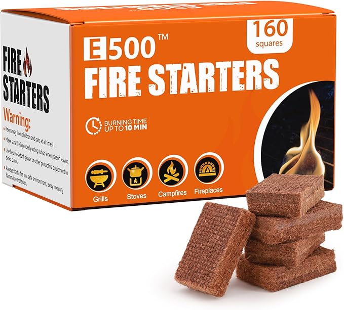 E500 Fire Starter for Campfires, Fireplace, Fire Pits, BBQ, Grills, Larger Charcoal Fire Starter Squares, 160-Count Firestarter
