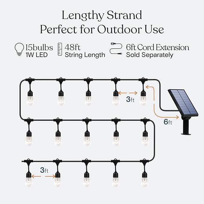 Brightech Ambience Pro Solar Powered Outdoor String Lights, 48 ft Commercial Grade Waterproof Patio Lights, Shatterproof LED String Lights for Outside, Porch - 15 Edison Bulbs, 1W Warm White