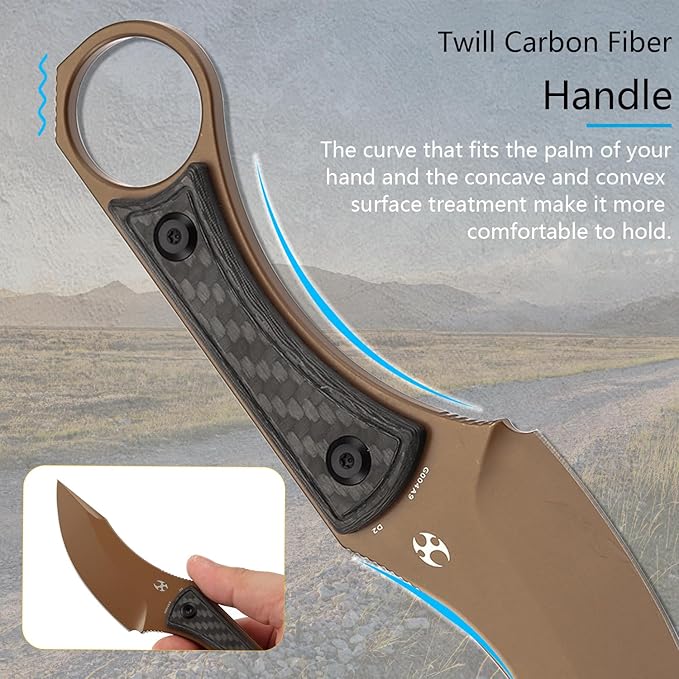 KANSEPT Niko Fixed Blade Knife, 3.54'' Rose Gold Coated D2 Sharp Blade with Twill Carbon Fiber Handle, Adjustable Kydex Sheath for Edc Hunting Survival Camping G004A9